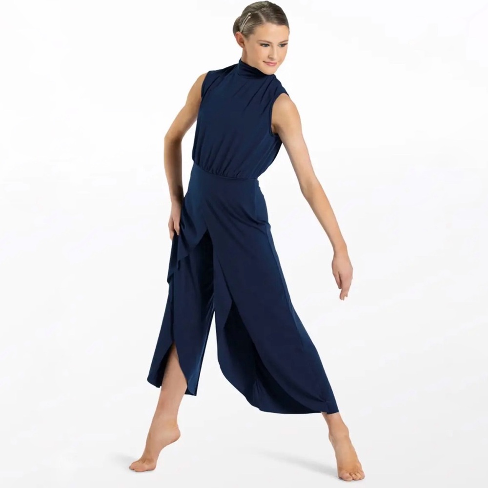 Weissman | Stitches Overlapping Wide Leg Dance Costume Jumpsuit Navy, SA MA